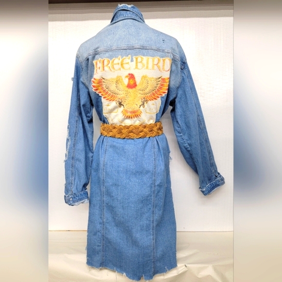 **SOLD*******Lynyrd Synyrd Free Bird Long Denim Jean Jacket Upcycled Vintage - Picture 3 of 12